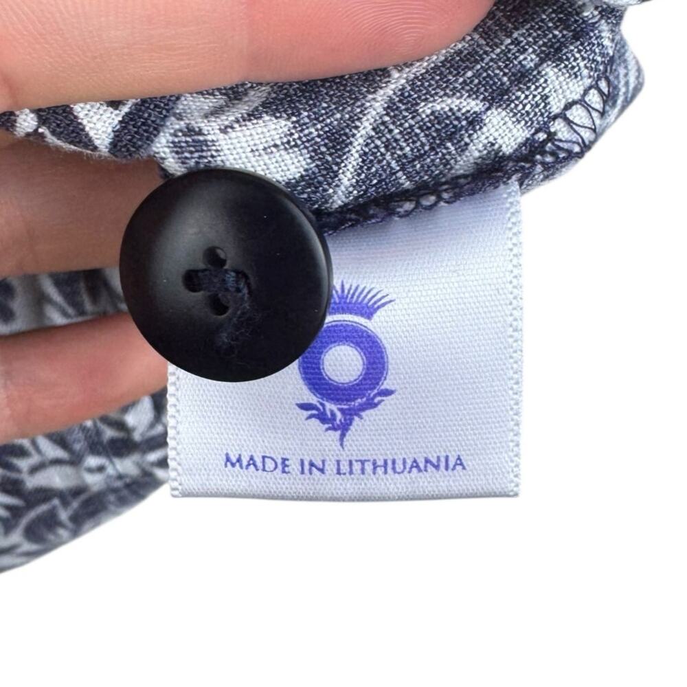 Brora 100% Linen Indigo Blue Vintage Pattern Short Sleeve Button Up V-Neck Top - Picture 11 of 12